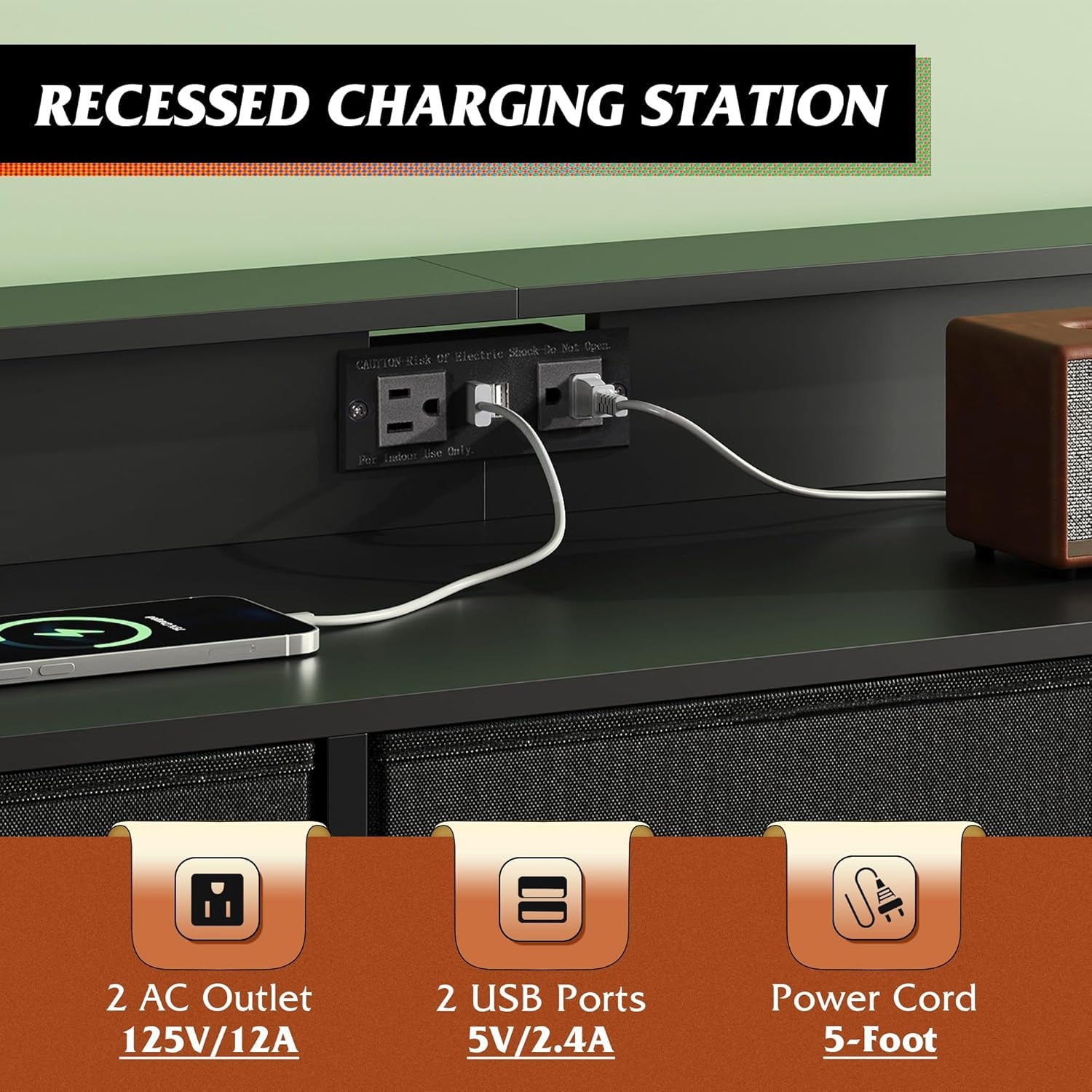 Black TV Stand for 45, 50, 55 Inch TV, Entertainment Center with LED Lights & Charging Station, TV Media Console Table with 9 Fabric Drawers and Open Shelves for Living Room, Hallway, Wood Top