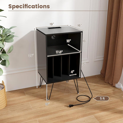 Record Player Stand with Charging Station, Turntable Cabinet with Metal Legs, Vinyl Record Storage Cabinet Holds up to 150 Albums for Living Room, Bedroom (Black)
