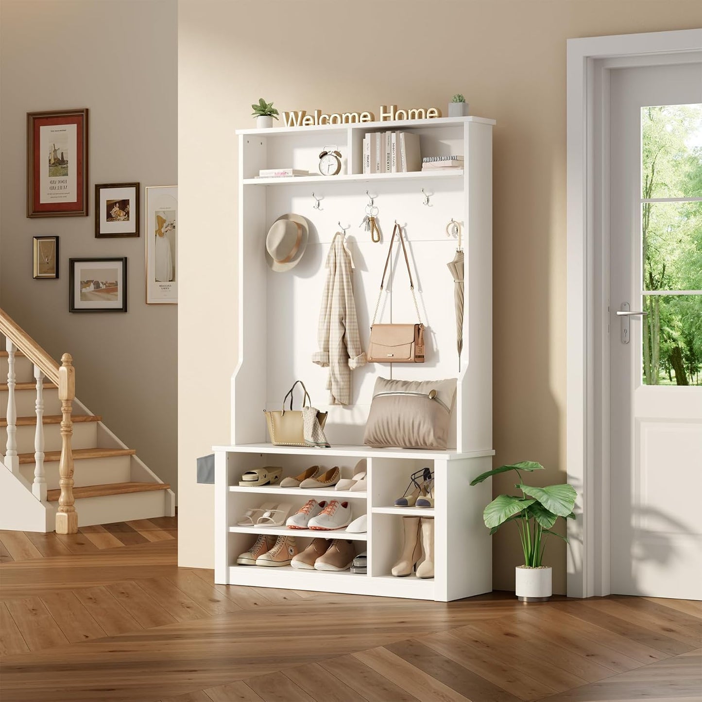 Hall Tree with Bench and Shoe Storage, 3-In-1 Entryway Hall Tree, with Adjustable Shoe Storage, for Entryway, Hallway, White