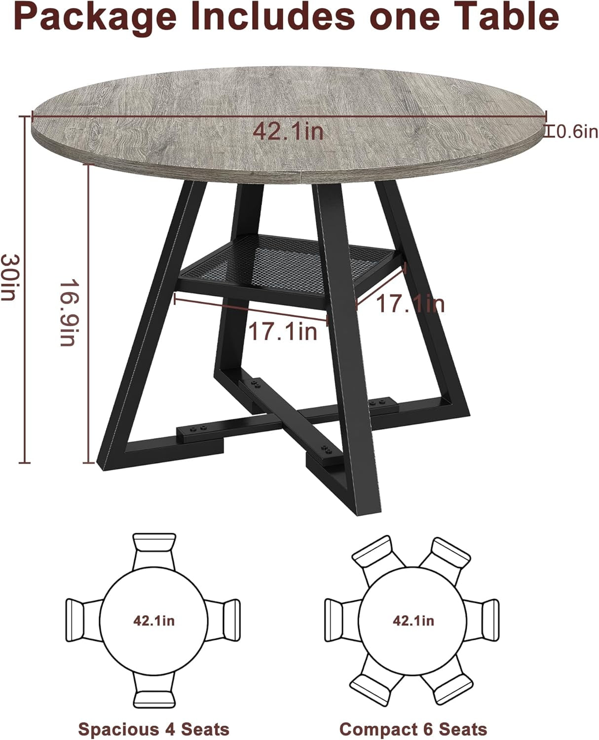 round Dining Table for 4,Kitchen Dining Room Circle Dinner Pedestal Table,Space Saving Wood Kitchen & Dining Room Furniture, 42In,Grey