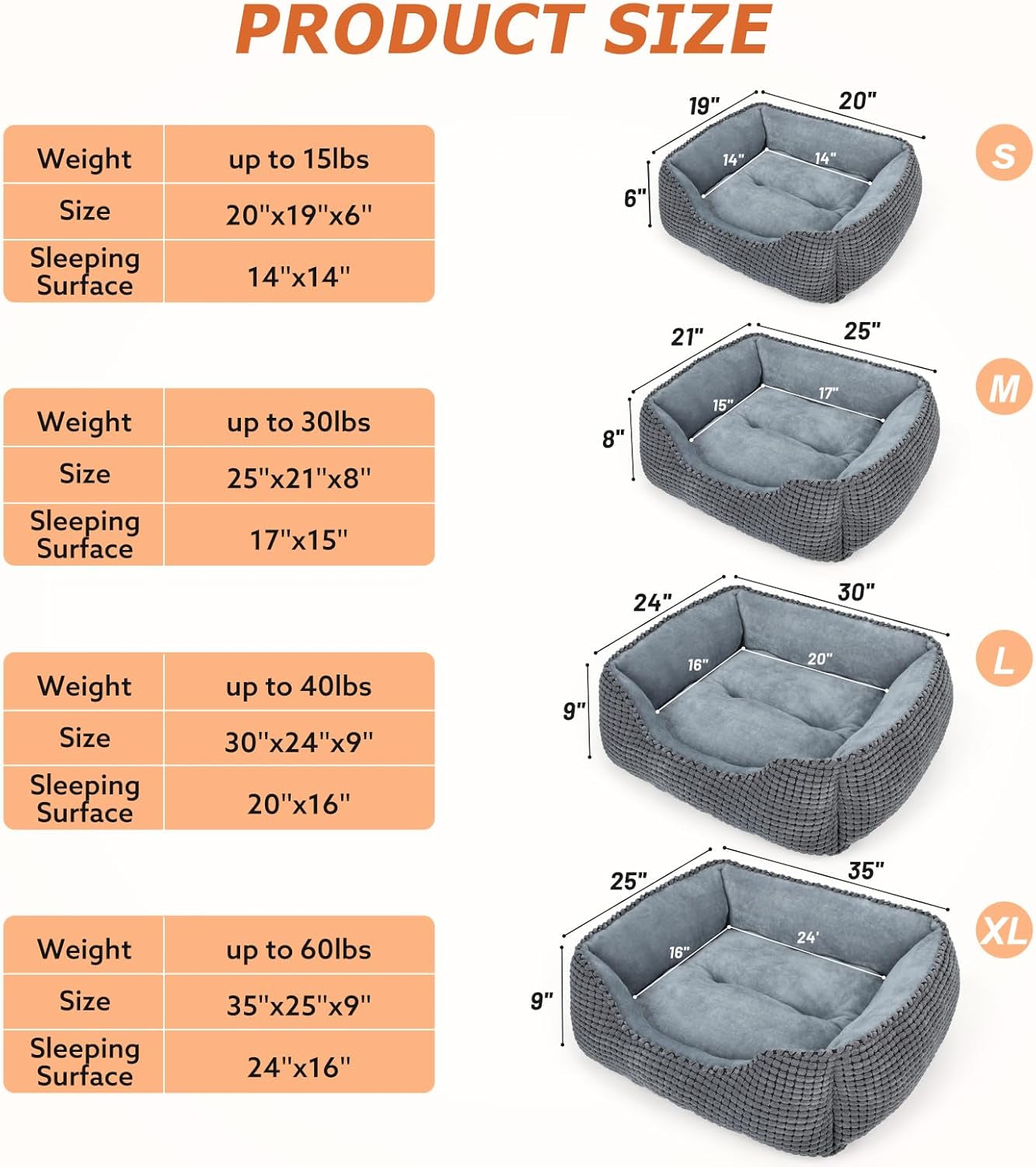 Dog Bed for Large Medium Small Dogs, Rectangle Washable Sleeping Puppy Bed, Soft Calming Cat Beds for Indoor Cats, Orthopedic Pet Sofa Bed, Anti-Slip Bottom with Multiple Size (20'', Grey)
