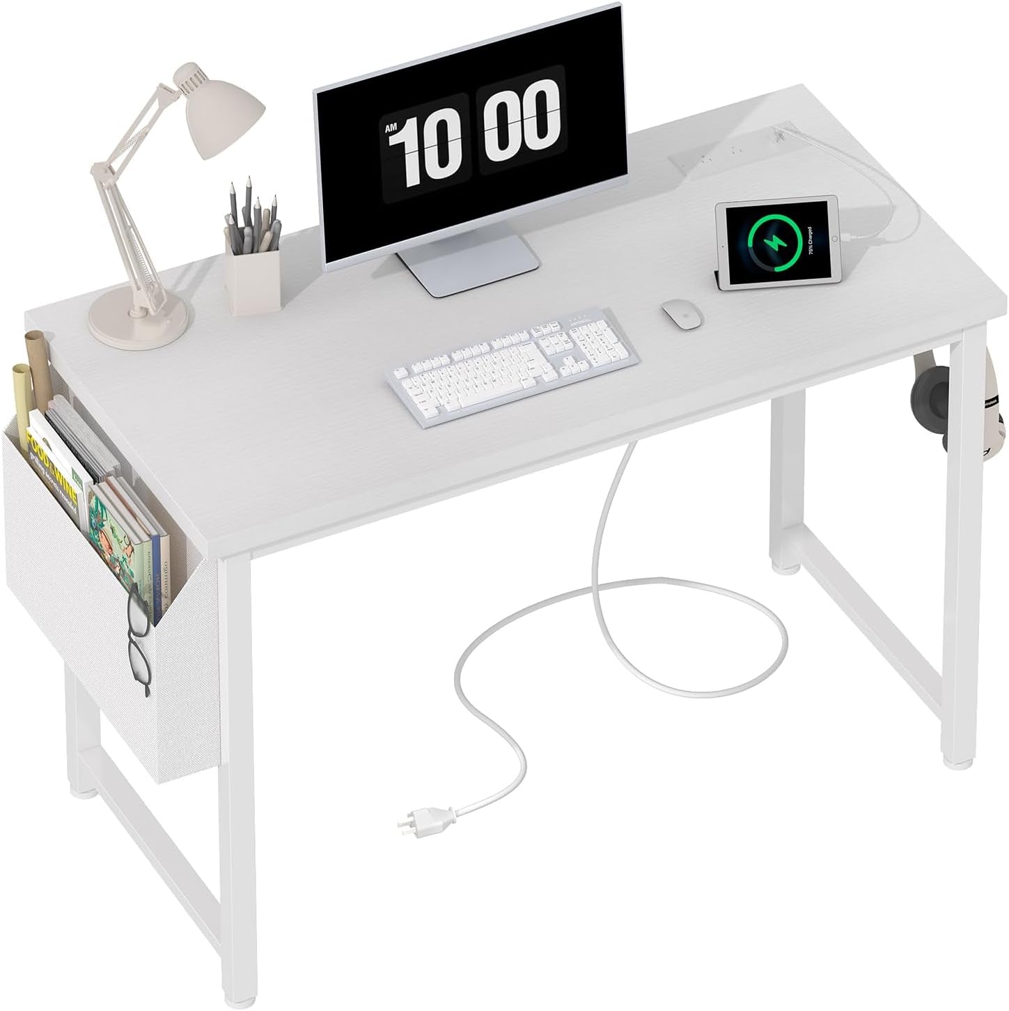 White Computer Desk with Power Outlet, 40 Inch Simple Teen Study Table Home Office Work Writing Desks with Charging Station Outlets USB Port Built In, Storage Pocket，White