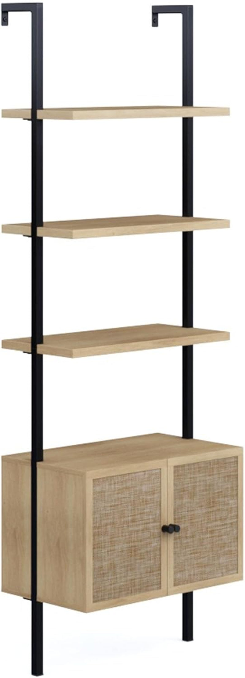 Theo Ladder 3 Tier Open Bookshelf with Rattan Drawers and Matte Steel Frame, Light Oak/Black