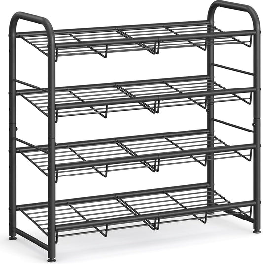 4 Tier Shoe Rack, Stackable Storage Rack, up to 16 Pairs, Metal, 68.5 X 27.5 X 65 Cm, for High Heels, Sneakers, Slippers, in Entrance, Black LMR067B01