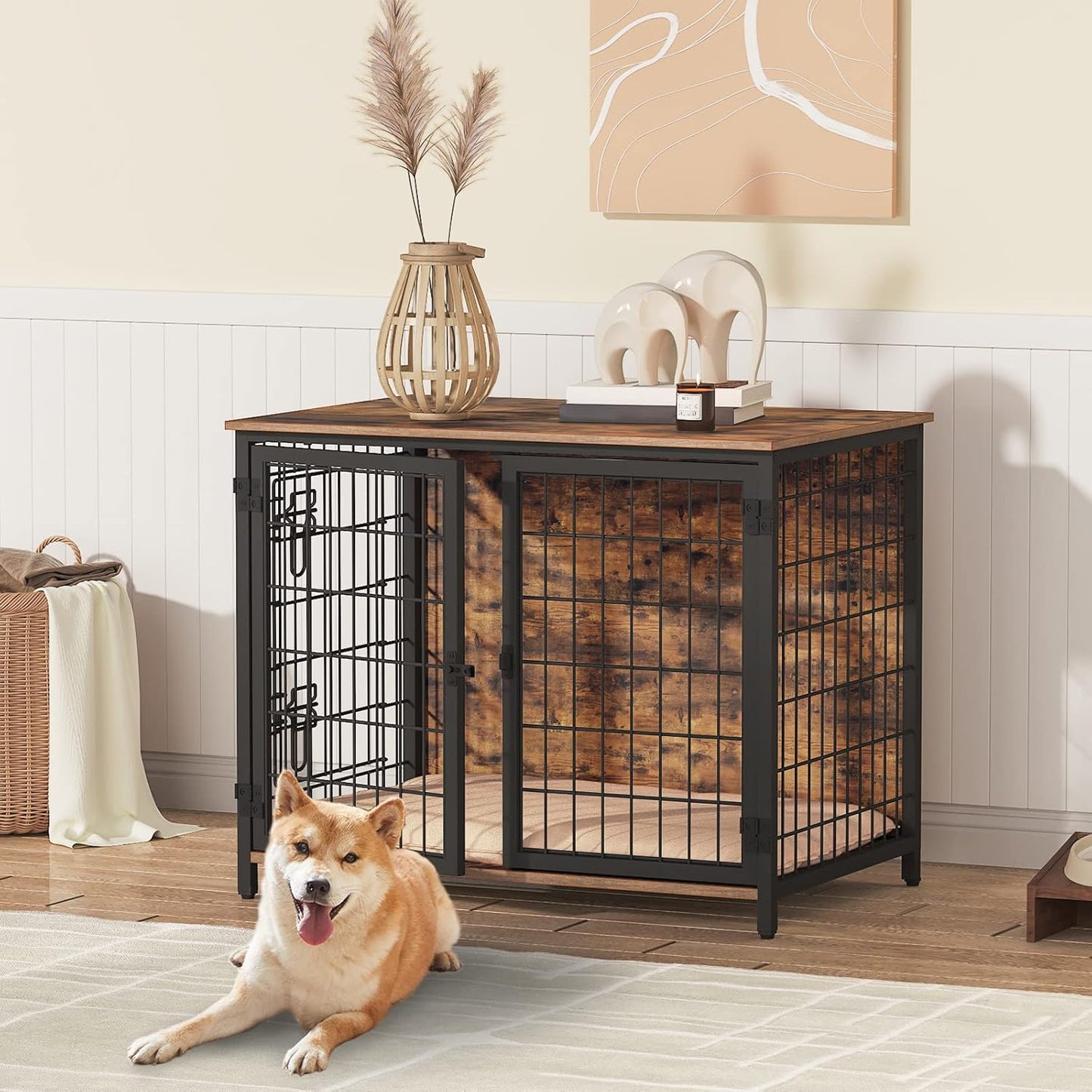 Dog Crate Furniture with Cushion, Wooden Dog Kennel with Double Doors, Heavy Duty Dog Cage for Small/Medium/Large Dogs, Indoor Dog House End Table, 31.5" L, Rustic Brown DCHR0701Z1