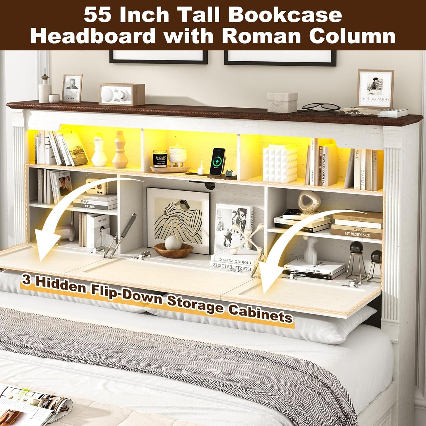 Farmhouse King Size Bed Frame with 55" Tall Storage Headboard & 4 Drawers, Wood Roman Column Platform Bed Frame with 24" Tall Footboard, LED Light, Charging Station, No Spring Needed, Antique White