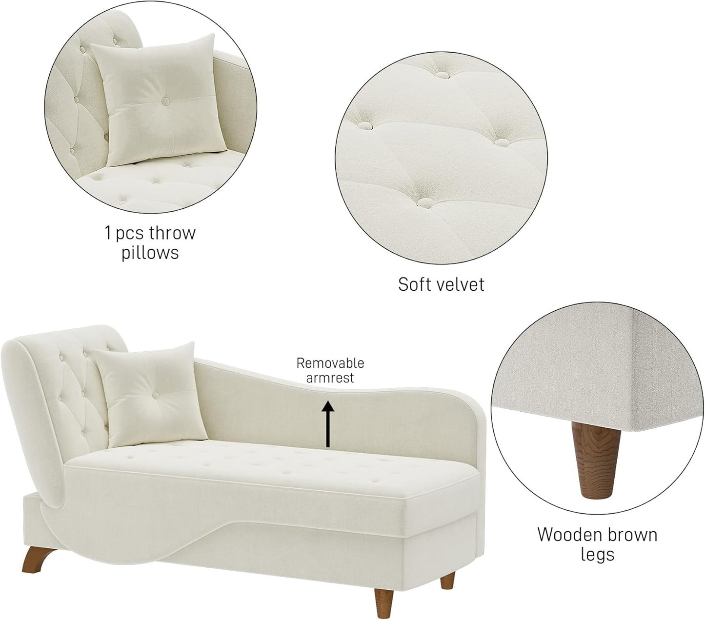 Chaise Lounge Chair Indoor with Storage, Adjustable Backrest Recling Reading Chair Sleeper Sofa Bed with Pillow, 3 in 1 Velvet Futon Lounge Chair for Living Room Bedroom, Beige White