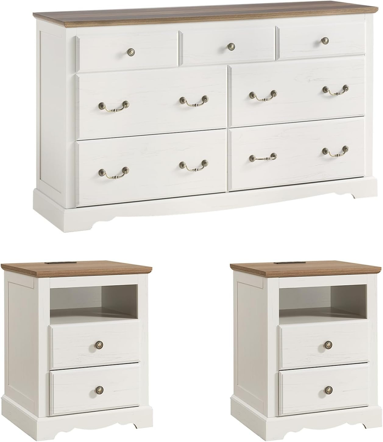 Farmhouse 3 Pieces Bedroom Sets, Include 54" Wide 7 Drawers Dresser, Nightstand Set of 2 with Charging Station, Rustic Retro Bedroom Furniture Set, White