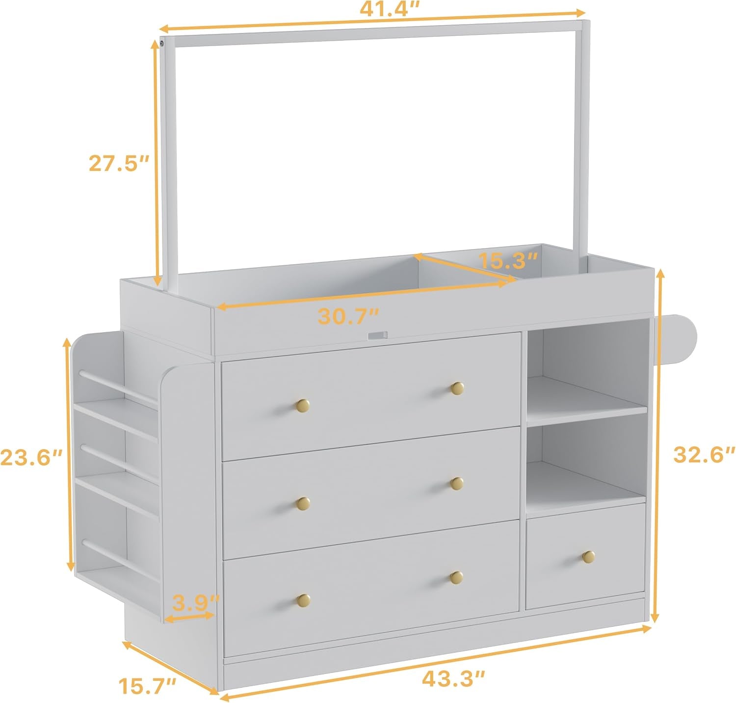 Modern Changing Table Dresser,Baby Dressing Table with 4 Drawers and Storage Shelves,Multi-Functional Baby Changing Table with Drying Rack for Nursery, White