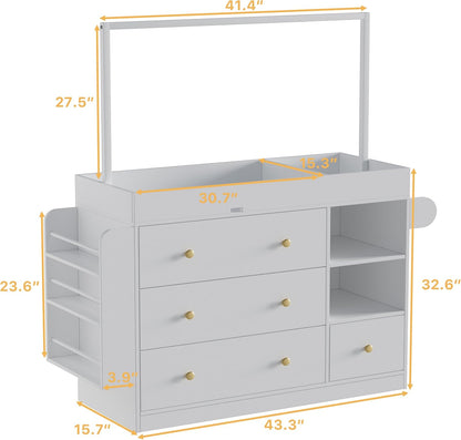 Modern Changing Table Dresser,Baby Dressing Table with 4 Drawers and Storage Shelves,Multi-Functional Baby Changing Table with Drying Rack for Nursery, White