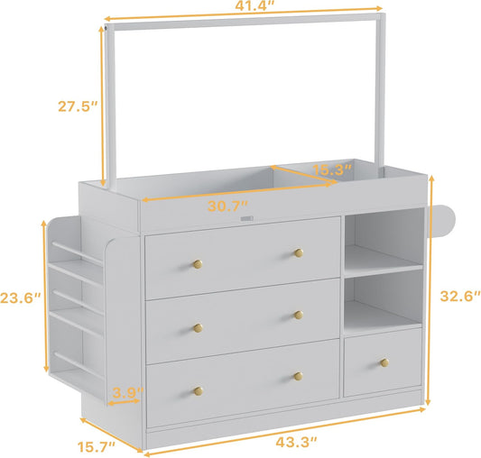 Modern Changing Table Dresser,Baby Dressing Table with 4 Drawers and Storage Shelves,Multi-Functional Baby Changing Table with Drying Rack for Nursery, White
