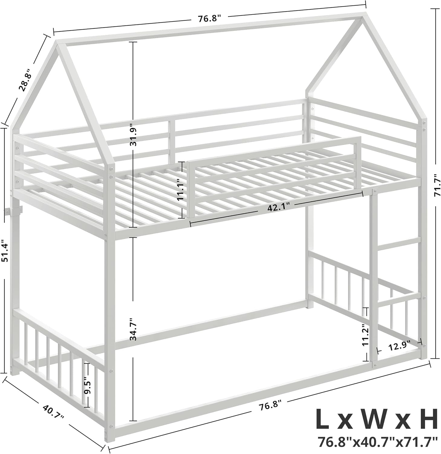 Bunk Bed Twin over Twin, House Bunk Bed Frame with Ladder and Guardrail, House Shaped with Metal Slats for Dormitory and Bedroom, Space Saving, No Box Spring Needed, White