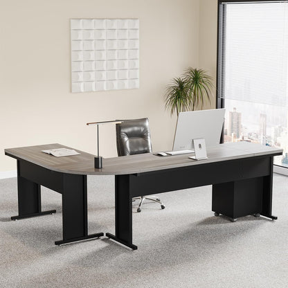 83" L-Shaped Executive Desk, Large Office Desk with Drawes, Industrial Corner Computer Table with File Cabinet, Business Workstation for Home Office (Gray, 83")