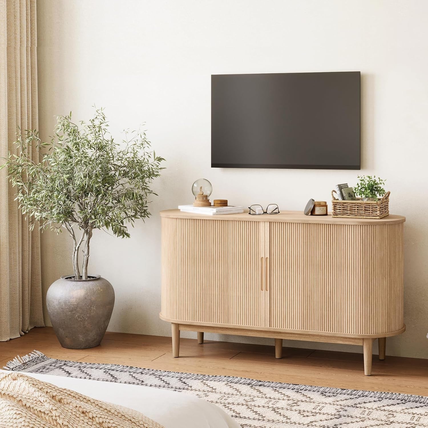 Sideboard Buffet Cabinet with Storage, 55" Fluted Coffee Bar Cabinet with Tambour Sliding Doors and Drawer, Mid Century Modern Wood Storage Buffet Table for Kitchen, Living Room, Oak