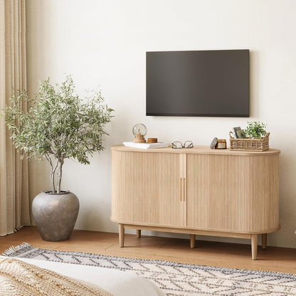 Sideboard Buffet Cabinet with Storage, 55" Fluted Coffee Bar Cabinet with Tambour Sliding Doors and Drawer, Mid Century Modern Wood Storage Buffet Table for Kitchen, Living Room, Oak