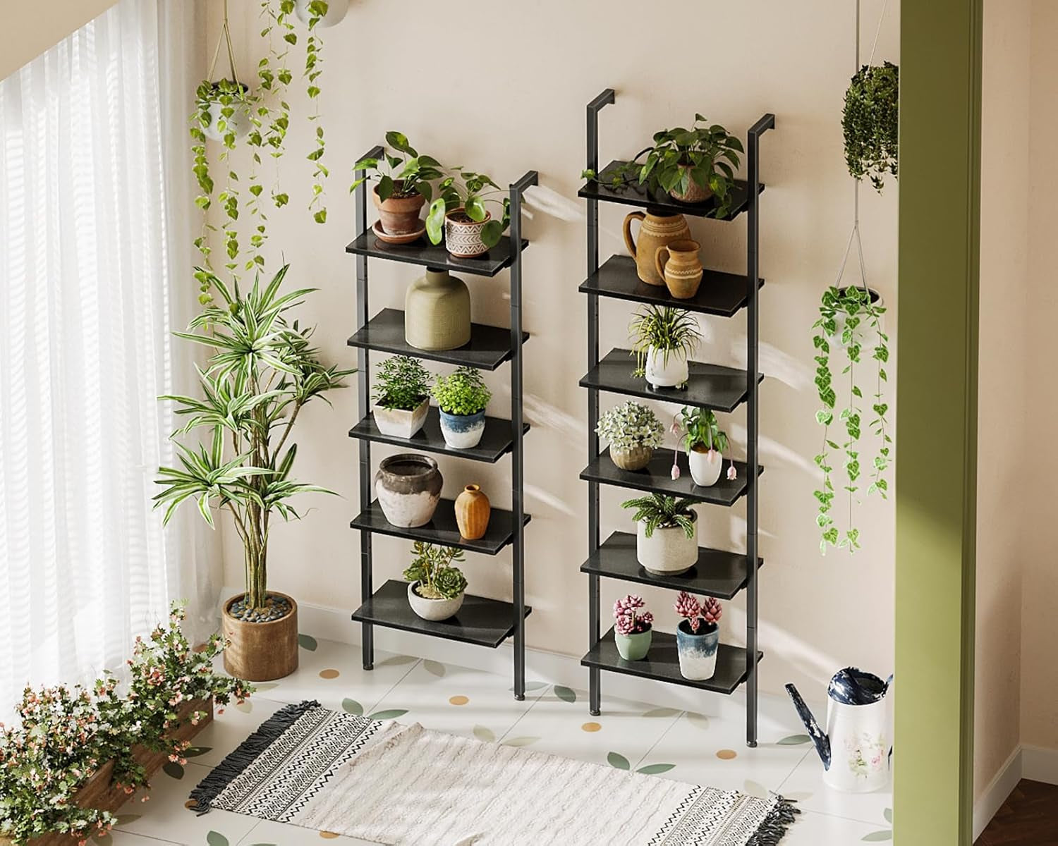 6-Tier Ladder Bookcase, Industrial Storage Shelf with Metal Frame for Living Room, Home Office, Kitchen & Bedroom, Space Saving Freestanding Organizer Rack, Black (8" D X 16" W X 87" H)