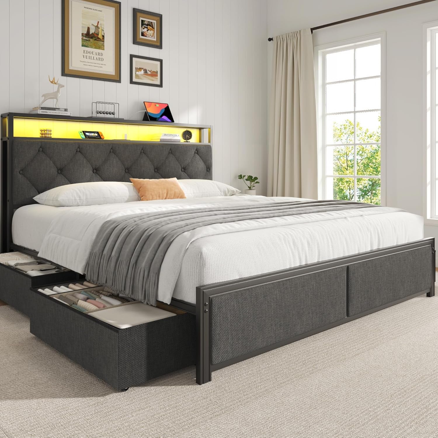 Queen Bed Frame with 4 Drawers, Upholstered Headboard with Storage, Fast Charging Station, LED Lights, Bed Frame Queen Size with Fabric Drawers, No Box Spring Needed, Easy Assembly, Grey