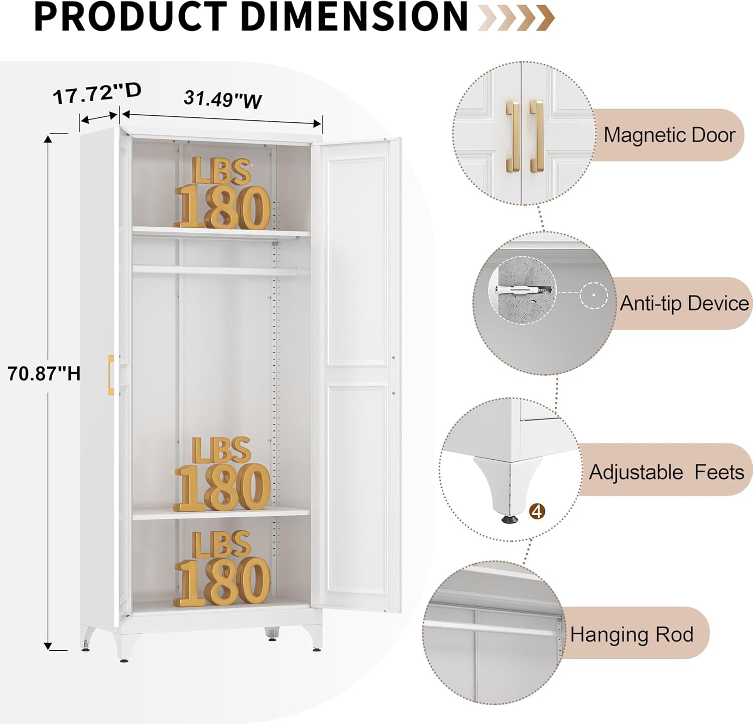 Metal Wardrobe Cabinets,Armoire Wardrobe Closet with Hanging Rod,Clothes Storage Cabinet with Adjustable Shelves and Doors,Clothing Cabinet for Bedroom,Office, Laundry Room