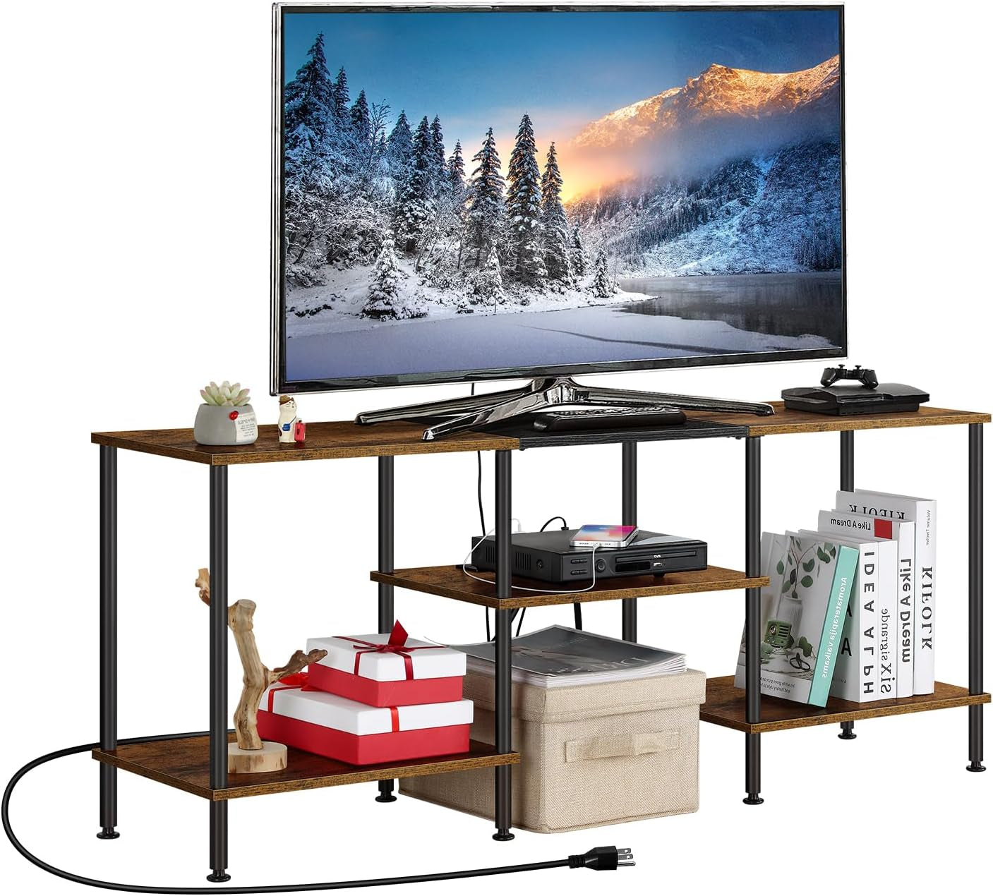 Small TV Stand for Living Room up to 50 Inch Farmhouse TV Media Entertainment Center with Power Outlets & Storage Shelf Rustic TV Console Table for Bedroom, Rustic Brown