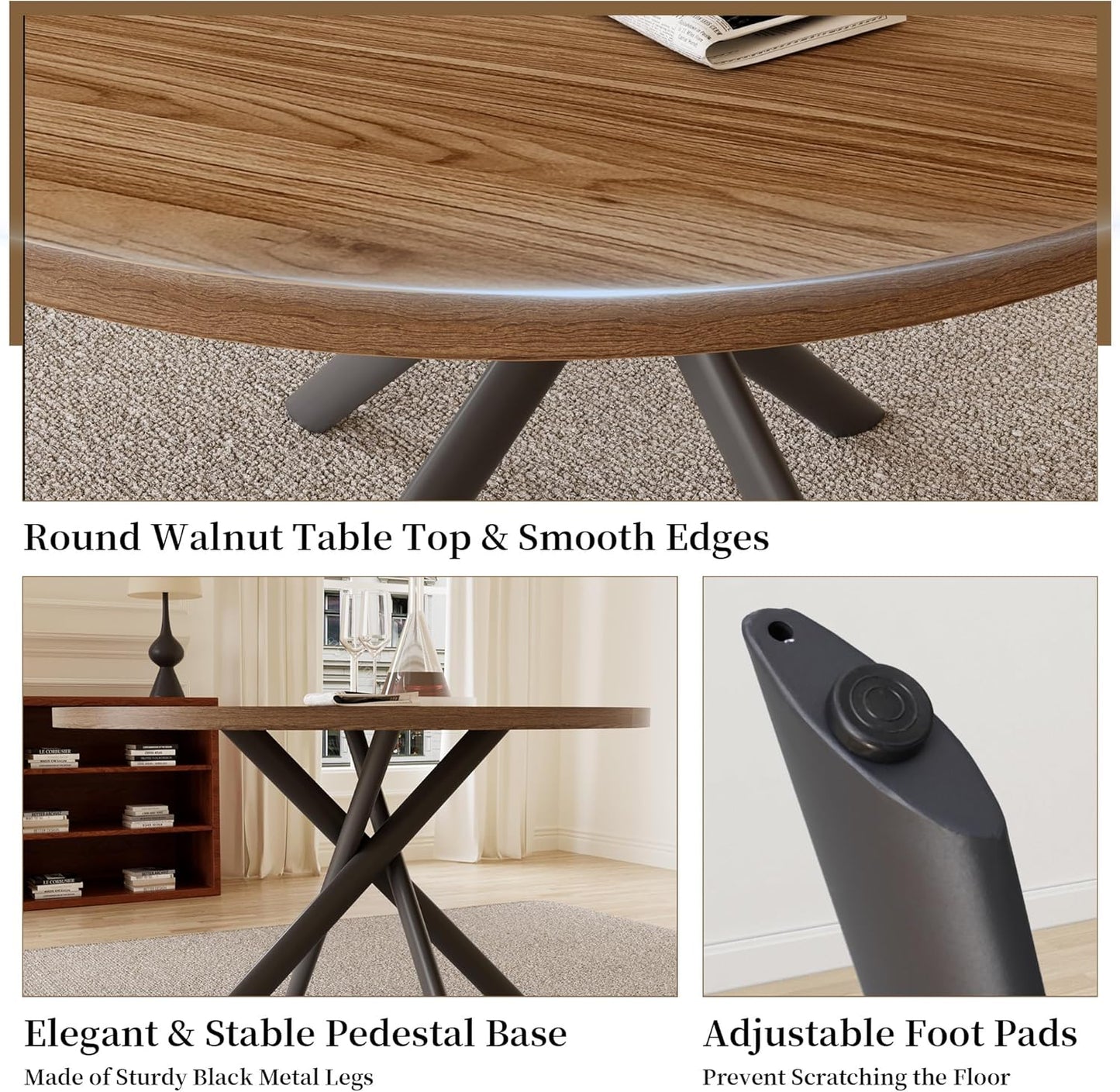 45.3 Inch round Dining Table Set for 4, Mid Century Modern Small Coffee Set for Dining Room Kitchen Apartment (Light Walnut + 4 U-Shaped Brown Chairs)