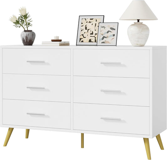 6 Drawer Dresser, Wide Chest of Drawers Organizer Storage with Drawers, Large Storage Cabinet, Modern Design Dresser for Bedroom, Living Room, Porch, White