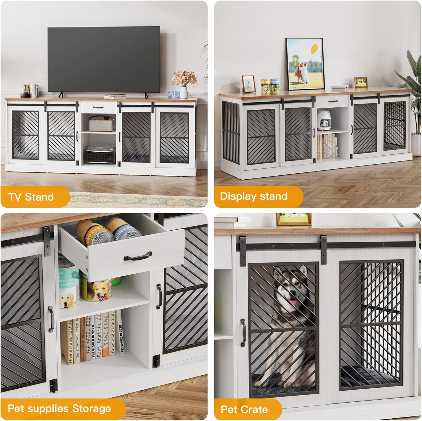 86" Dog Crate Furniture for 2 Dogs,Heavy Duty Indoor Dog Kennel End Table,Wooden Double Dog Cage Furniture Large Breed,Tv Stand with Divider & Storage Drawer