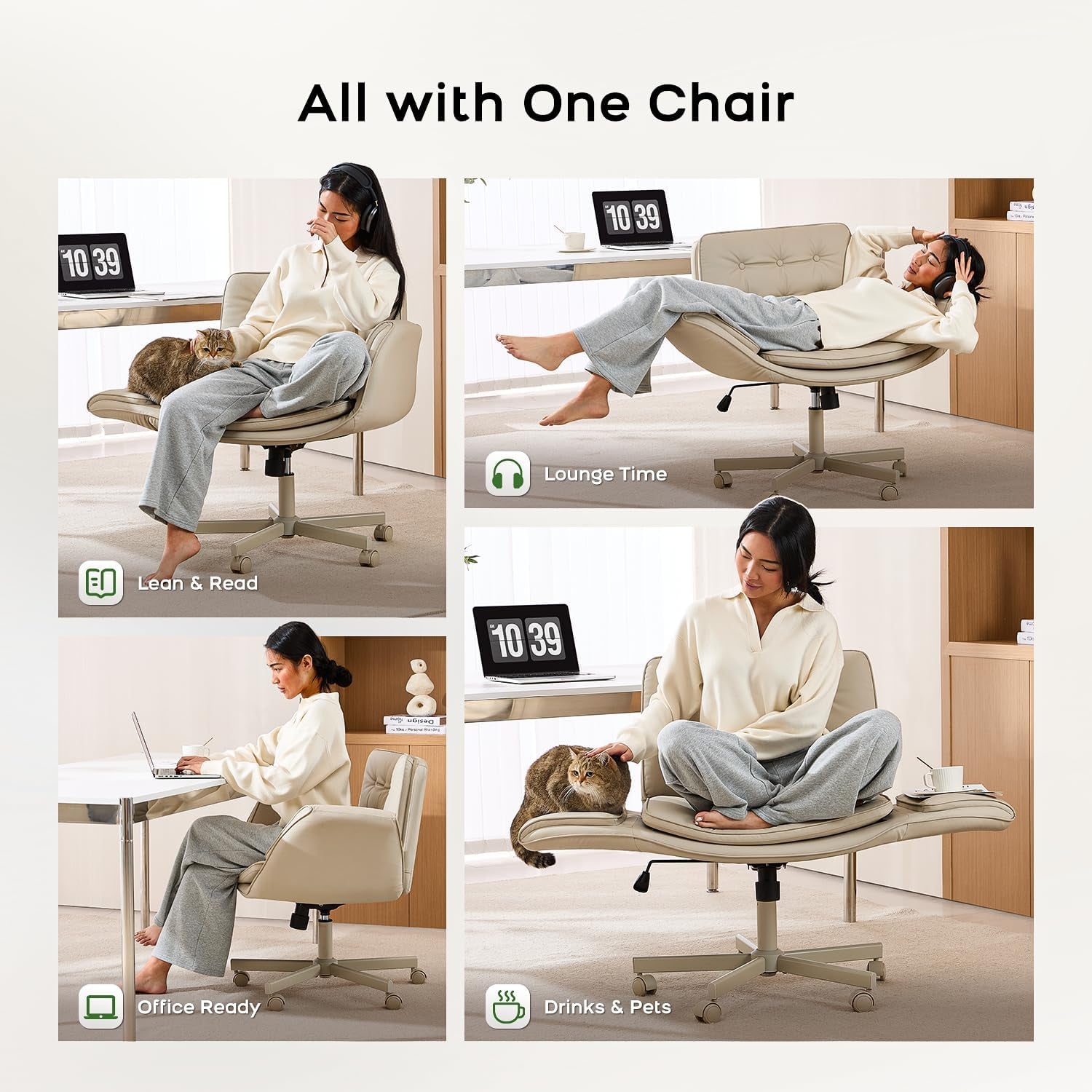 Criss Cross Chair with Armrests & Wheels, PU Leather Vanity Chair, Comfortable Adjustable Swivel Computer Office Desk Chairs for Home, Make Up, Bed Room (Cream)