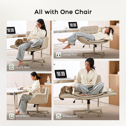 Criss Cross Chair with Armrests & Wheels, PU Leather Vanity Chair, Comfortable Adjustable Swivel Computer Office Desk Chairs for Home, Make Up, Bed Room (Cream)