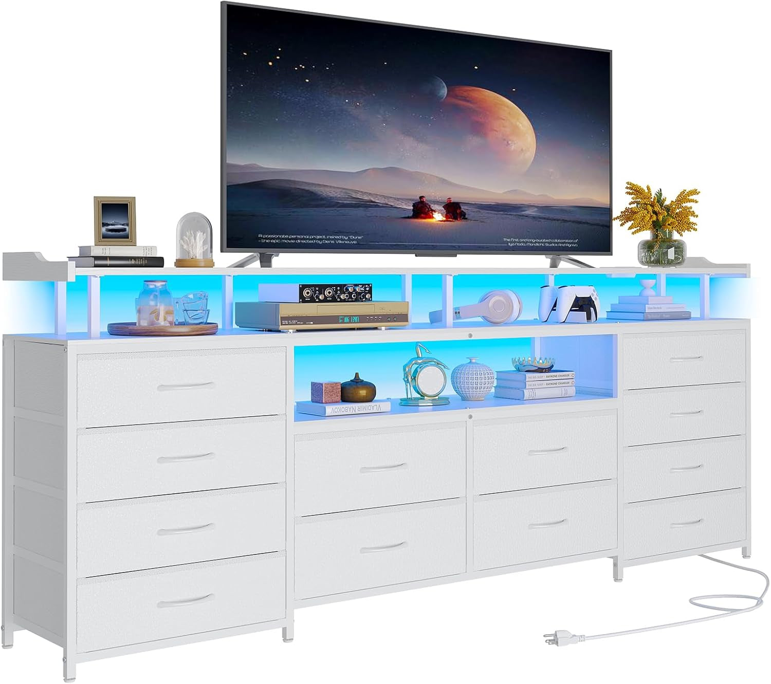 TV Stand Dresser for 65 Inch TV, 63" W Dresser with LED Lights & Charging Station, White Long Dresser with 12 Fabric Drawers, Entertainment Center with Shelves,For Living Room