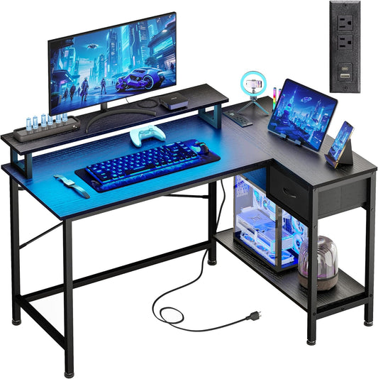 Gaming Desk for Bedroom L Shaped Small Corner Computer Desk with Power Outlets and LED Lights, PC Desk, Home Office Desks with Drawer, Writing Desk Study Desk, Black
