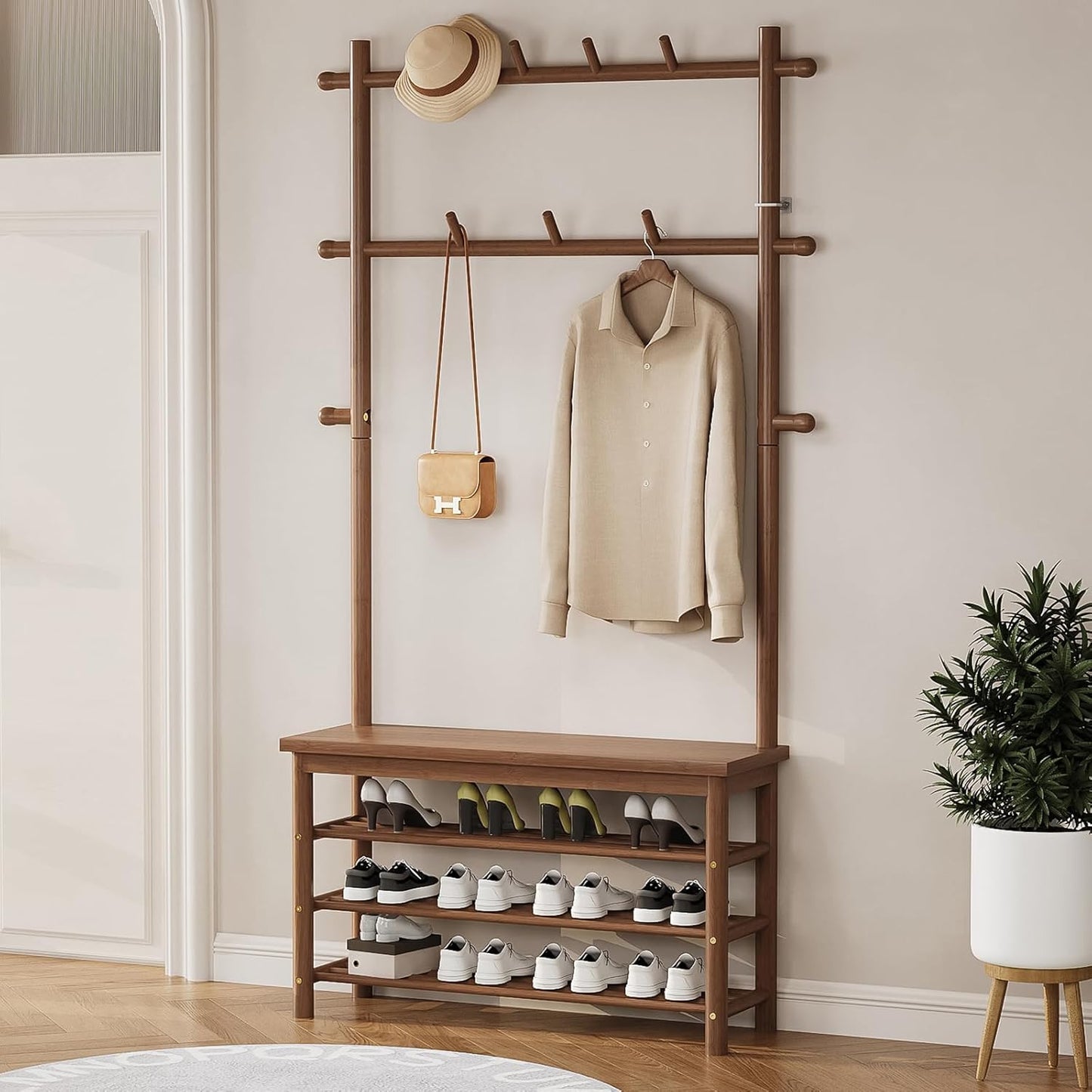 Bamboo Hall Tree with 13 Hook, 6-In-1 Entryway Bench with Coat Rack Freestanding, Coat Rack with Shoe Storage Bench Organizer for Mudroom, Bedroom, All-In-One Shoe Rack,Walnut