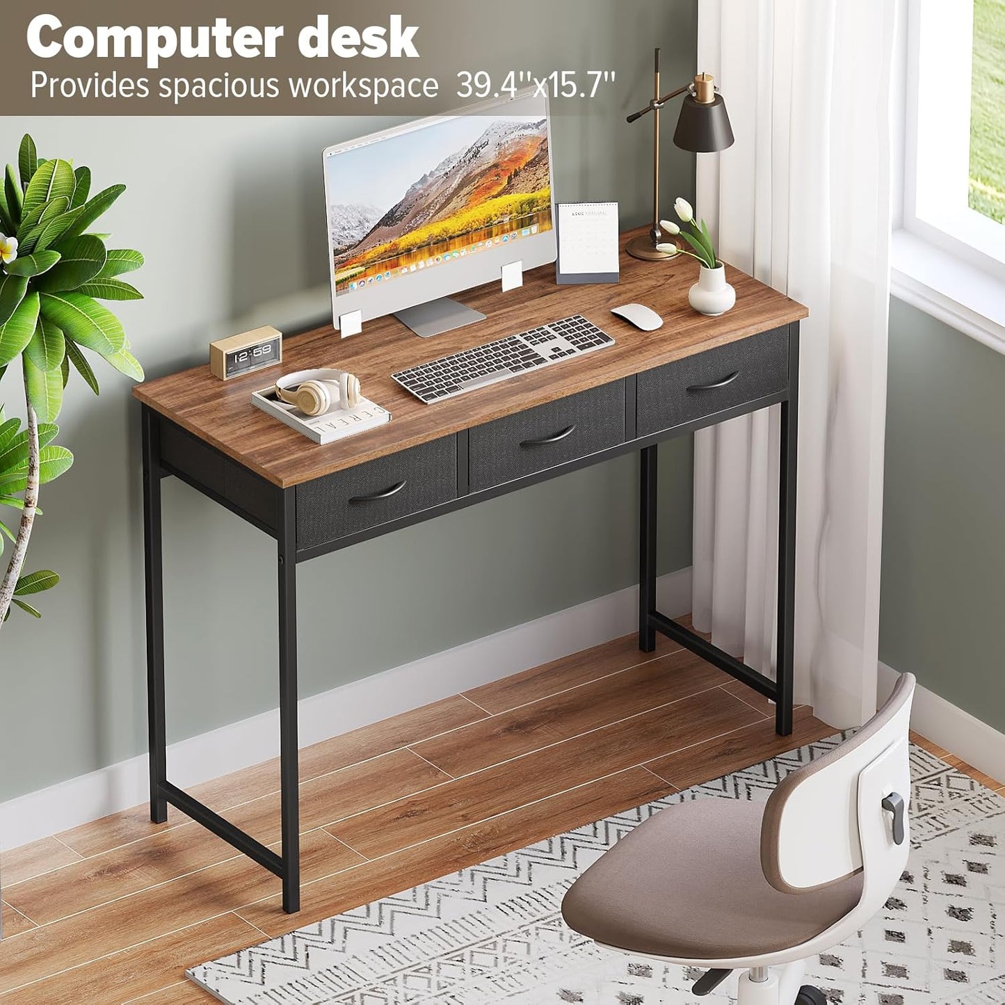 Computer Desk with Drawers, 39.3 Inch Small Vanity Desk with Storage, Home Office Bedroom Desk for Small Spaces, Modern Work Writing Study Gaming Tables, Rustic Brown
