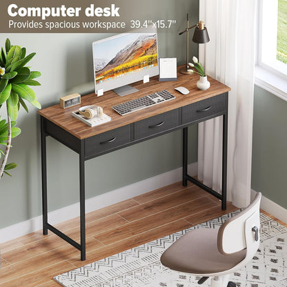 Computer Desk with Drawers, 39.3 Inch Small Vanity Desk with Storage, Home Office Bedroom Desk for Small Spaces, Modern Work Writing Study Gaming Tables, Rustic Brown