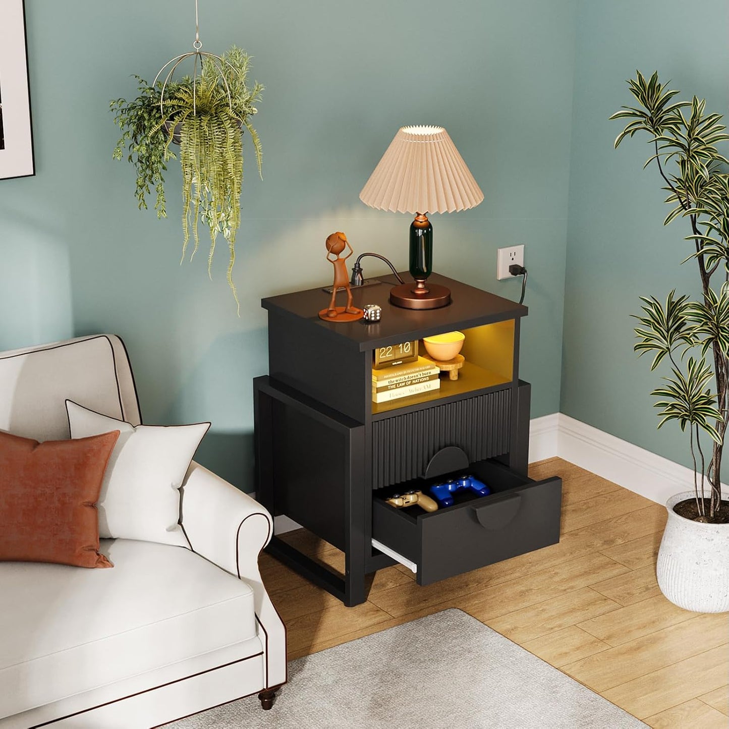 Set of 2 Fluted Nightstand with Charger Station Strip Lights, 20.47" W Night Stand with 2 Drawers, Large Accent Bed Side Table and End Table, Large Open Cubby, Raising H Legs,Black