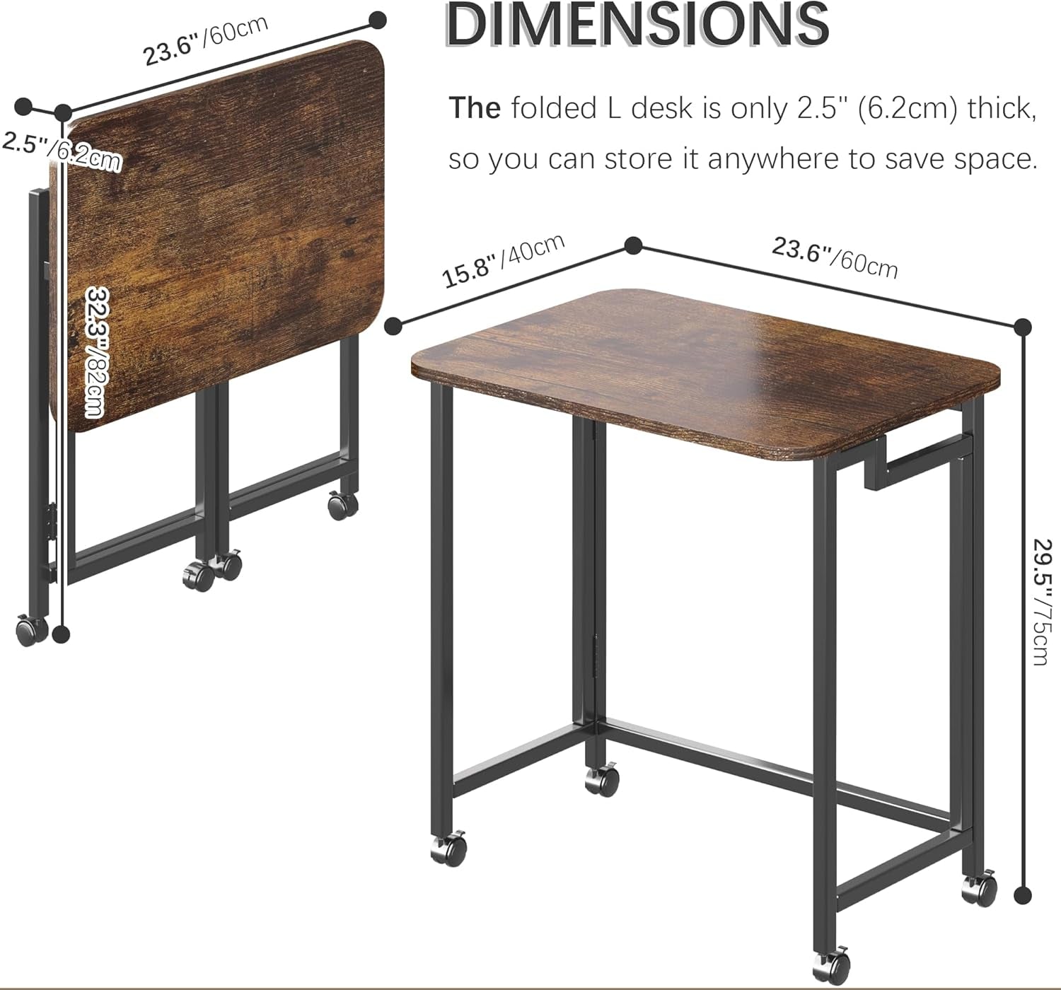 23.6" Mobile Small Rolling Computer Desk, Folding Laptop Cart Table with Wheels, Portable Office Desk for Small Space Couch Bed - Rustic Brown and Black