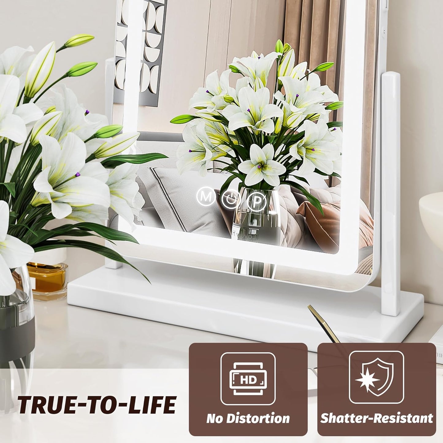 Vanity Mirror with Lights, 18"X13" Hollywood Lighted Makeup Mirror for Tabletop & Bedroom 3 Color Lighting Modes Smart Touch Control 360° Rotation Detachable