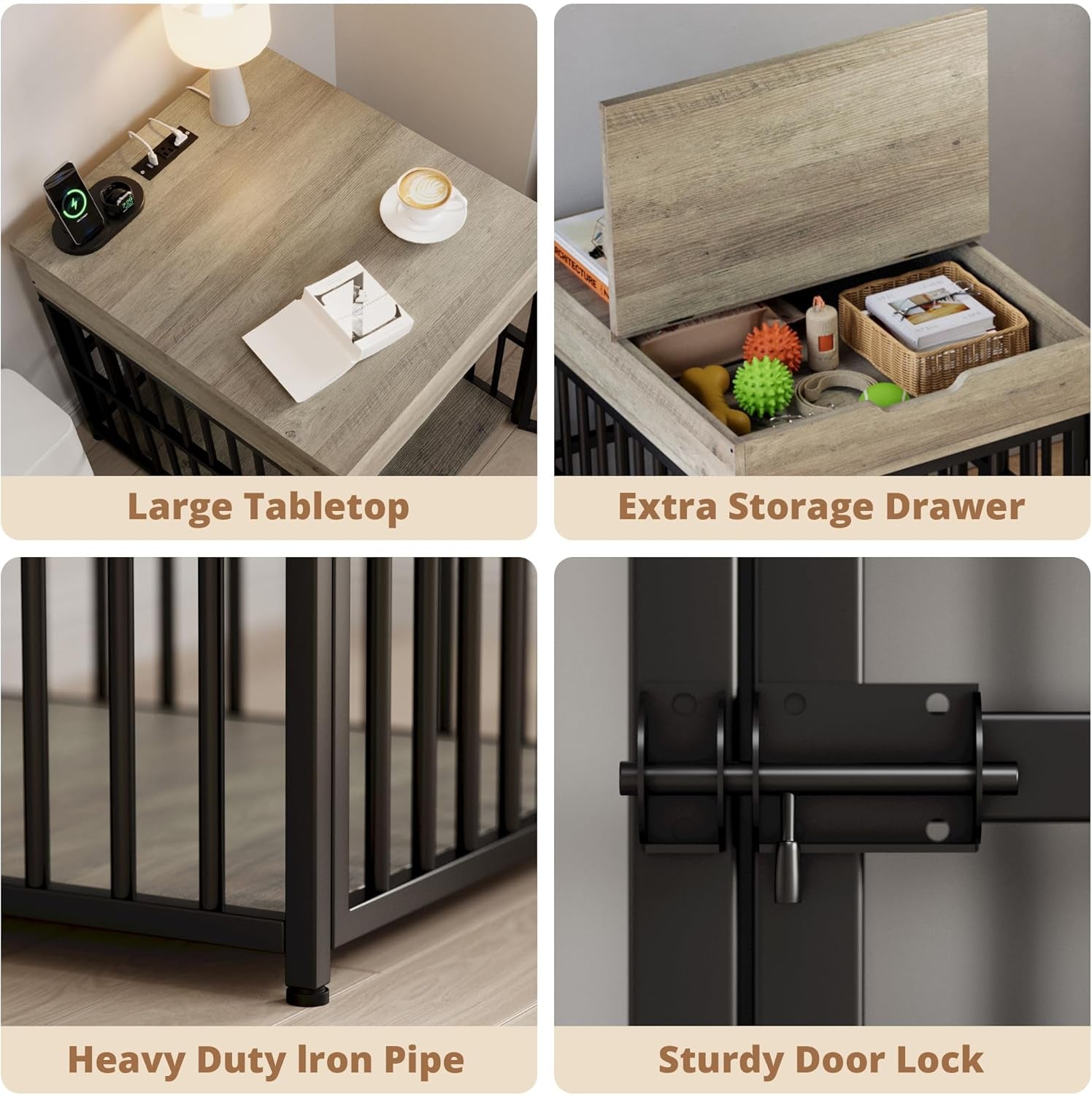 Dog Crate Furniture for Small Dogs, Wooden Dog Kennel with Flip Top Drawer, Indoor Pet Crate End Table with Charging Station, Steel-Tube Dog Cage, Gray