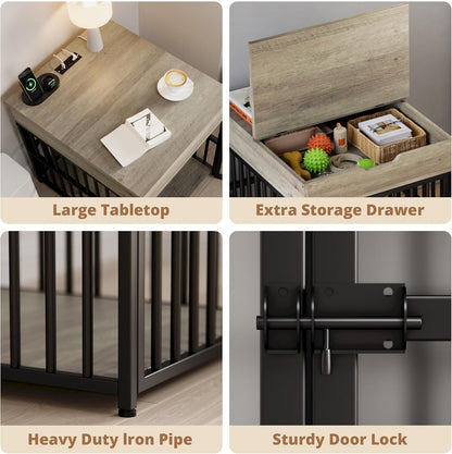Dog Crate Furniture for Small Dogs, Wooden Dog Kennel with Flip Top Drawer, Indoor Pet Crate End Table with Charging Station, Steel-Tube Dog Cage, Gray