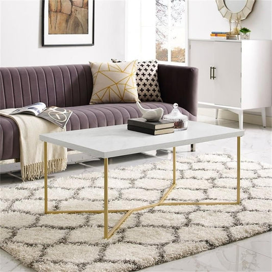 Mid Century Modern Marble Gold Rectangle Coffee Table Living Room Accent Ottoman Storage Shelf, 42 Inch, Marble and Gold
