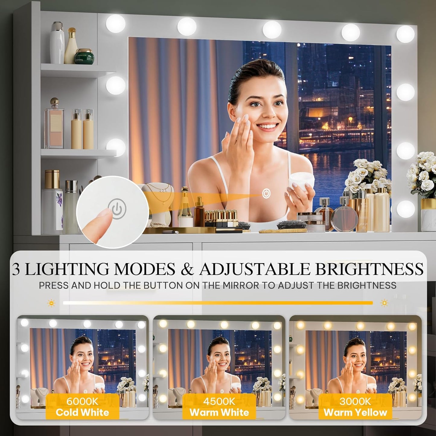 Makeup Vanity Desk with Mirror & Lights, 40Inch Vanity Table with Power Outlets, 4 Drawers & 6 Open Storage Shelves, 3 Color Modes & Adjustable Brightness Dressing Table for Bedroom, White