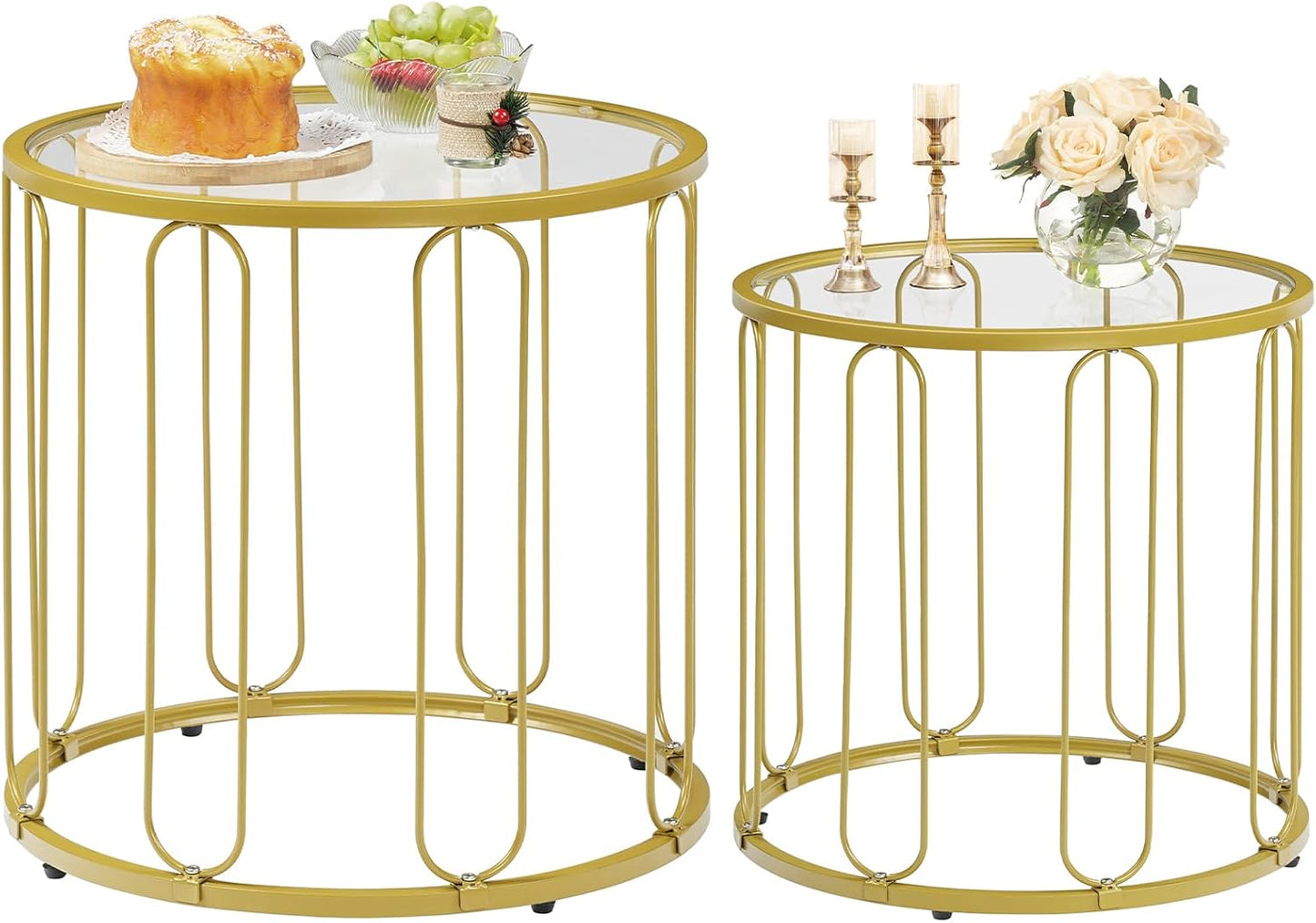 Small Coffee Table Set of 2, Gold Accent End Tables with Metal Frame, round Coffee Side Table with Tempered Glass Tabletop, for Living Room, Bedroom, Gold GD113BZ01