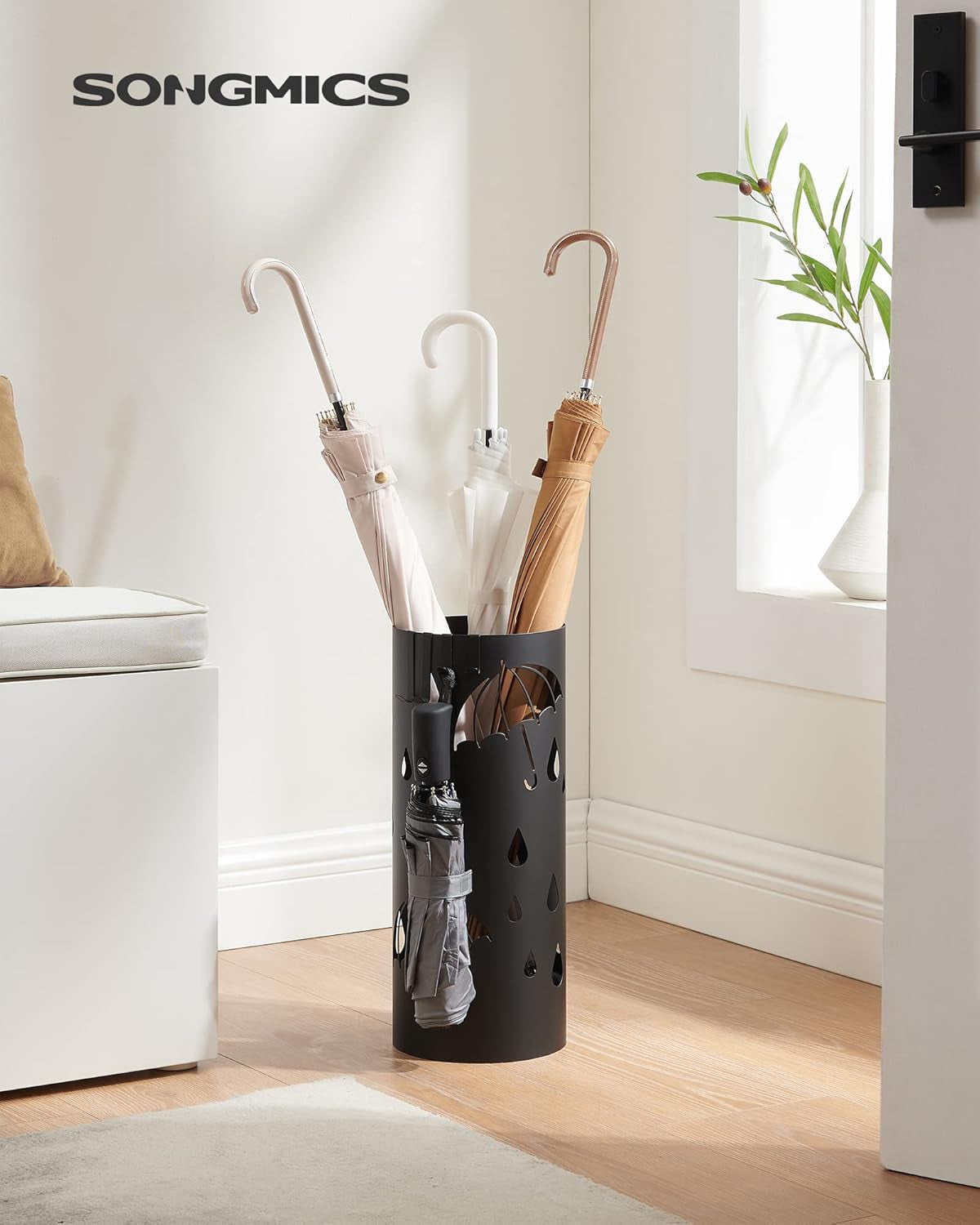 Umbrella Stand, Metal Umbrella Holder for Entryway, with Water Tray and 4 Hooks, 6.7 X 6.7 X 16.1 Inches, Round, Ink Black ULUC024B01