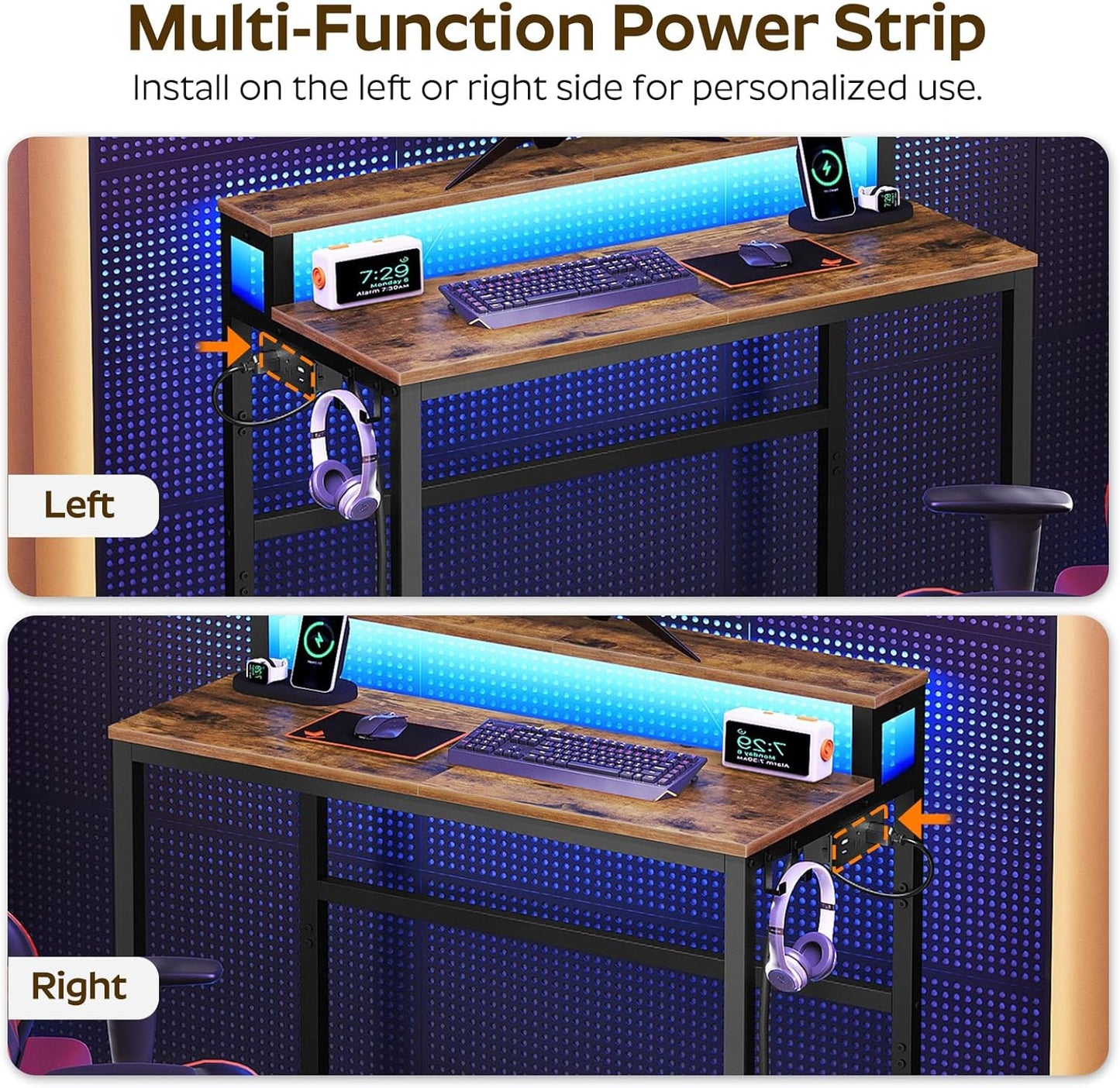 Small Computer Desk with Charging Station and LED Lights, Gaming Desk with Monitor Stand, 2-Tier Home Office Desk with 4 Side Hooks, for Living Room, Home Office, Rustic Brown DN01UDBRY2