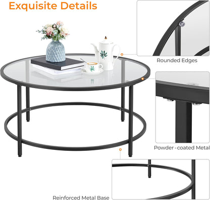 36" round Glass Coffee Table, Black Circle Coffee Table Center Table with Glass Top, Small Coffee Table for Living Room, Office & Apartment