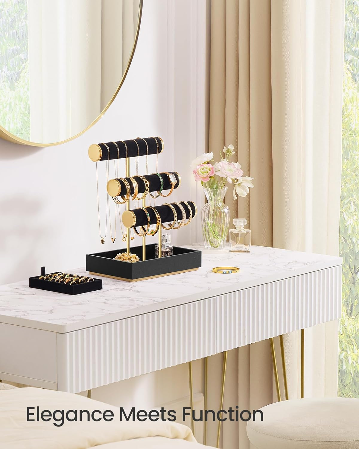 Bracelet Holder Stand, Jewelry Display Stand, Jewelry Organizer, with 3 Tiers and Velvet Tray, Removable Ring Holder, Ink Black UJJS027B01