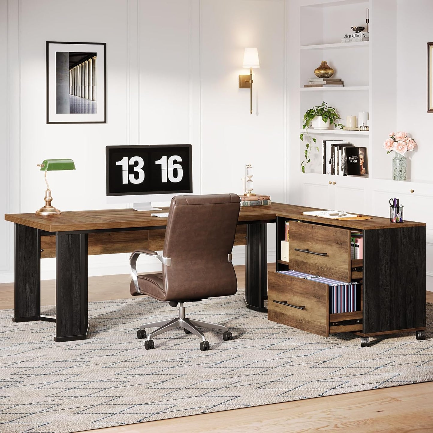 70.86" Executive Desk with Mobile File Cabinet, Large L Shaped Computer Office Desk with 2 Drawers and Storage Shelves, Business Furniture Desk Workstation for Home Office (Rustic Brown)