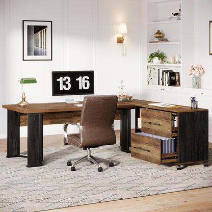 70.86" Executive Desk with Mobile File Cabinet, Large L Shaped Computer Office Desk with 2 Drawers and Storage Shelves, Business Furniture Desk Workstation for Home Office (Rustic Brown)