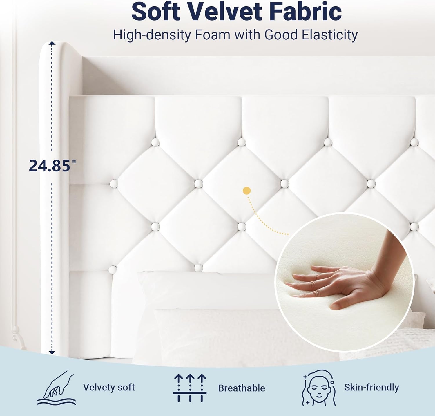 Queen Size Bed Frame, Storage Headboard with Charging Station, Wingback Velvet Upholstered, Diamond Stitched Button Tufted, Sturdy Wooden Slats, No Box Spring Needed, Easy Assembly, White