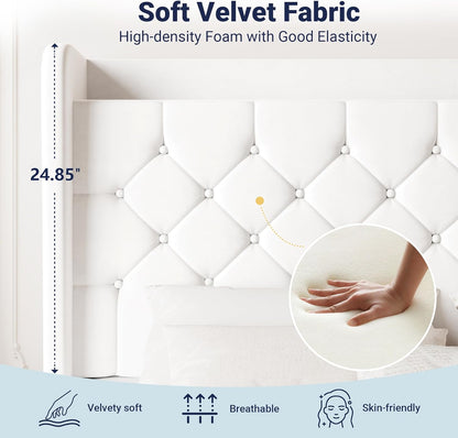 Queen Size Bed Frame, Storage Headboard with Charging Station, Wingback Velvet Upholstered, Diamond Stitched Button Tufted, Sturdy Wooden Slats, No Box Spring Needed, Easy Assembly, White