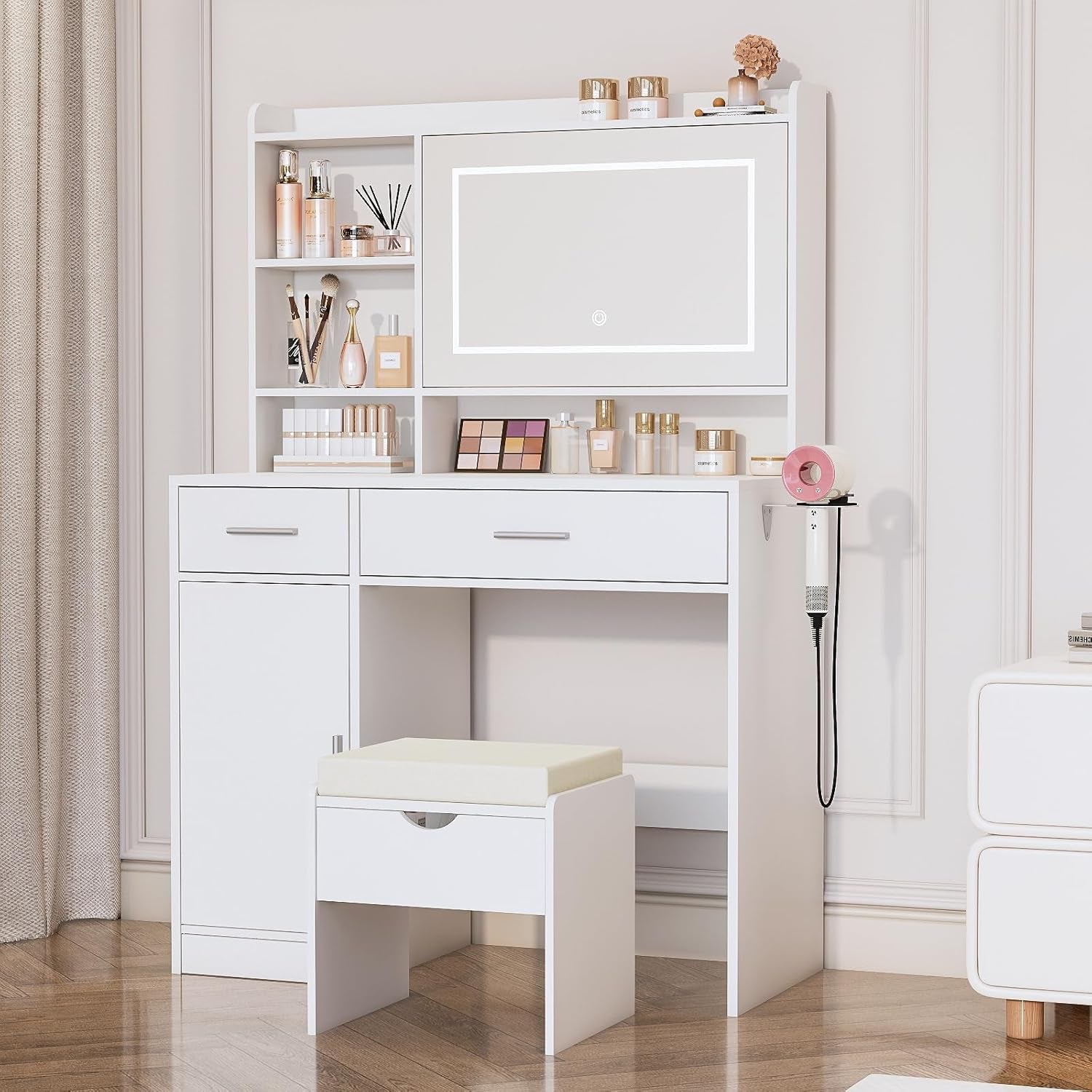 Vanity Desk with Mirror and Lights, with Hidden Shelves,4 Compartments,2 Drawers,Cabinet & Stool,Dimmable LED Lights,Power Outlets, Ideal for Bedroom Vanity Organization(White)
